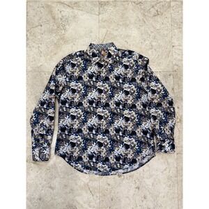 Robert Graham Shirt Medium Blue Floral Flip Cuff Classic Fit Long Sleeve